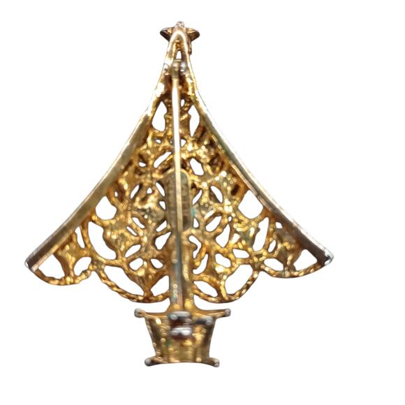 Eisenberg Ice Vintage Christmas Tree Pin Brooch Gold Tone Red Green - Picture 2 of 2